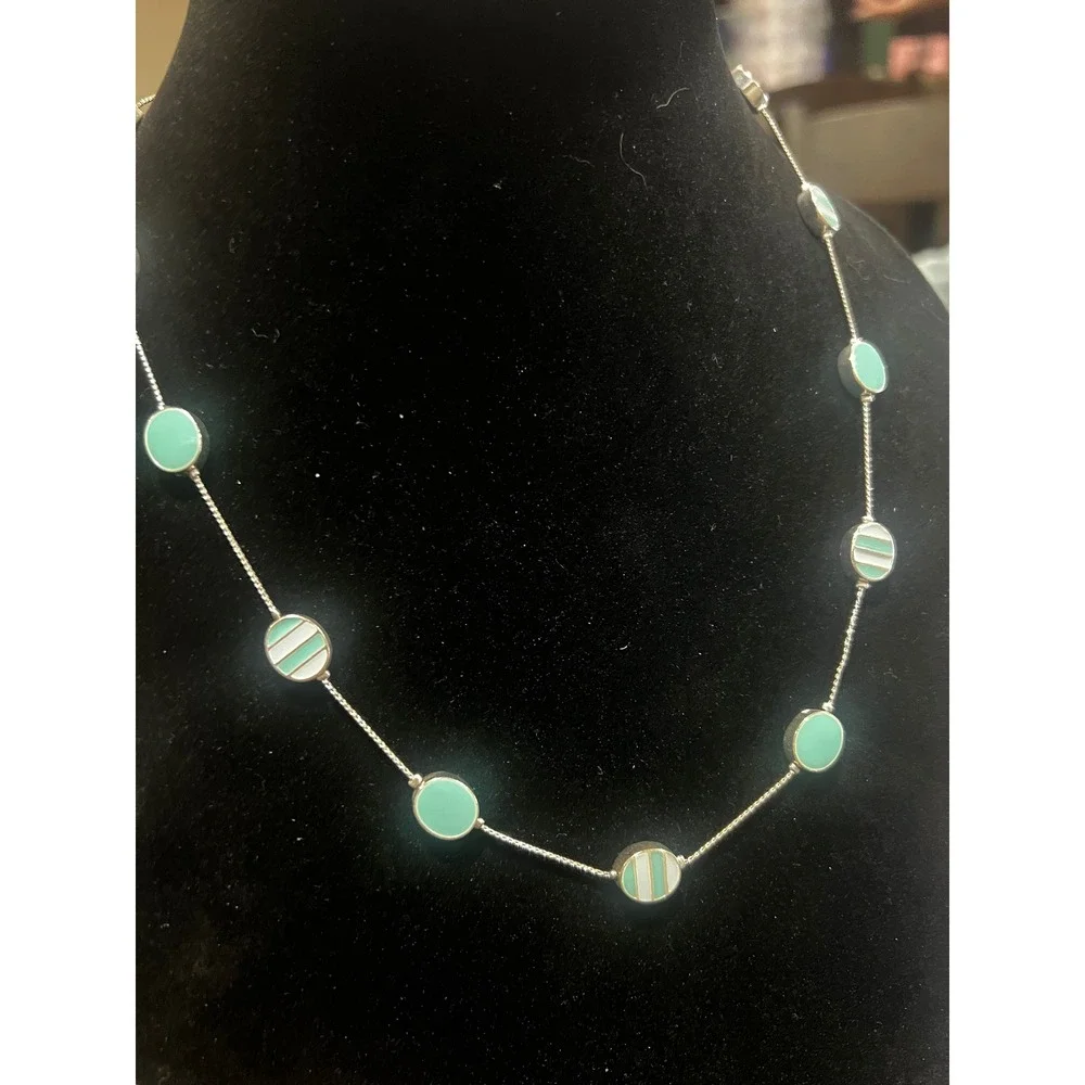 Mint Green White Striped Station‎ Necklace Round Enamel 18-20